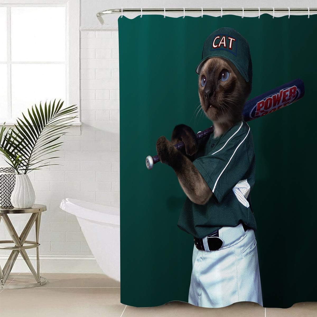 Fun Animal Theme Playing Baseball Cat Shower Curtain, Bathroom Decor