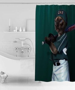 Fun Animal Theme Playing Baseball Cat Shower Curtain, Bathroom Decor