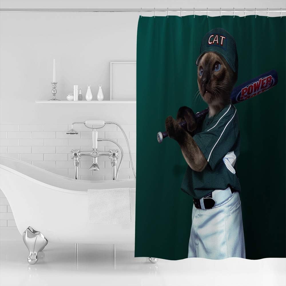 Fun Animal Theme Playing Baseball Cat Shower Curtain, Bathroom Decor