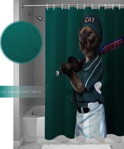Fun Animal Theme Playing Baseball Cat Shower Curtain, Bathroom Decor