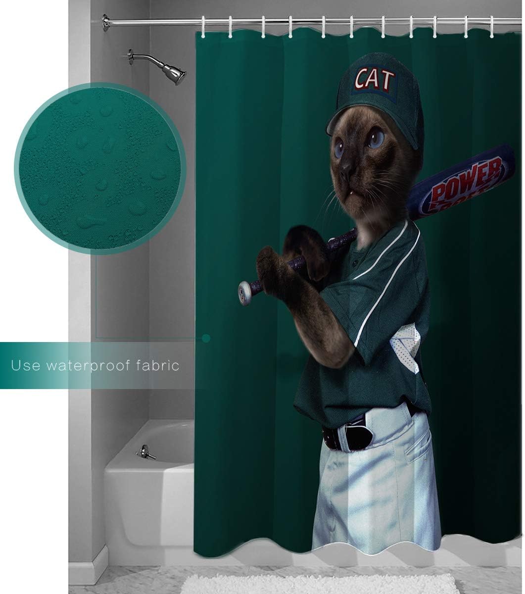 Fun Animal Theme Playing Baseball Cat Shower Curtain, Bathroom Decor