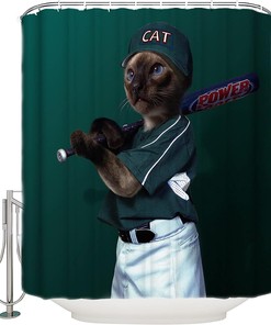Fun Animal Theme Playing Baseball Cat Shower Curtain, Bathroom Decor