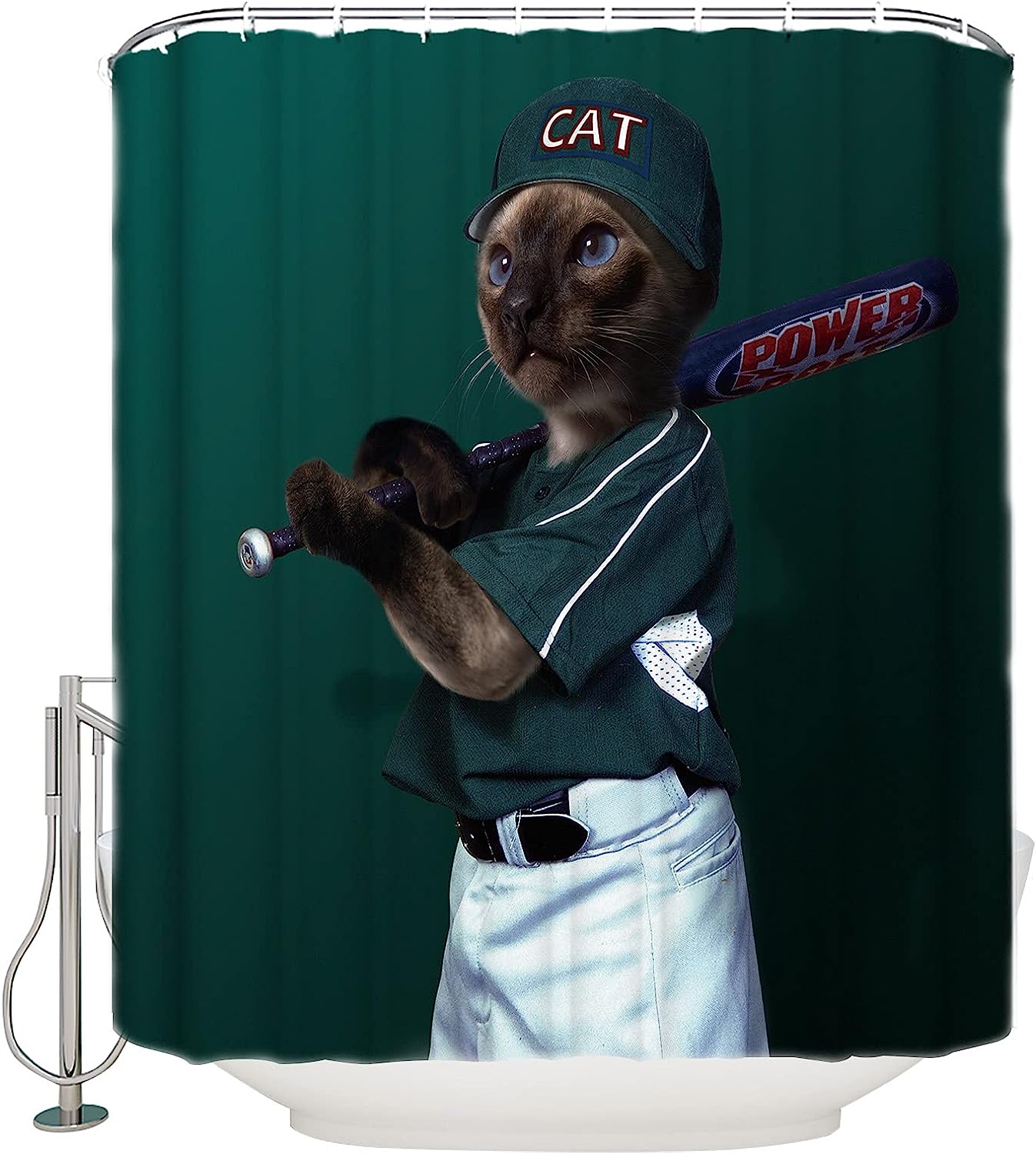 Fun Animal Theme Playing Baseball Cat Shower Curtain, Bathroom Decor