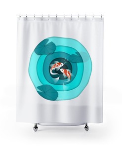 Fun Bathroom Decor White Shower Curtain with Koi Fish Zen Turquoise Pond Design, Relaxing and Refreshing