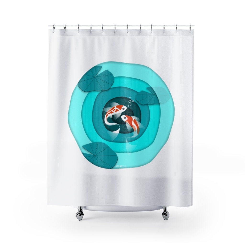 Fun Bathroom Decor White Shower Curtain with Koi Fish Zen Turquoise Pond Design, Relaxing and Refreshing