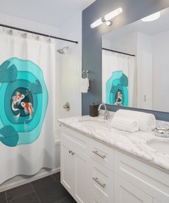 Fun Bathroom Decor White Shower Curtain with Koi Fish Zen Turquoise Pond Design, Relaxing and Refreshing