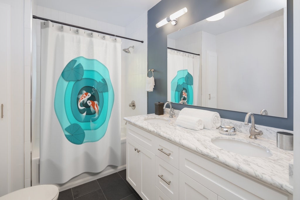 Fun Bathroom Decor White Shower Curtain with Koi Fish Zen Turquoise Pond Design, Relaxing and Refreshing