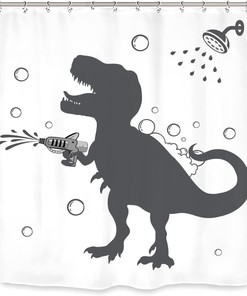 Fun Black and White Dino Silhouette Shower Curtain for Boys and Teenagers Bathroom Decor