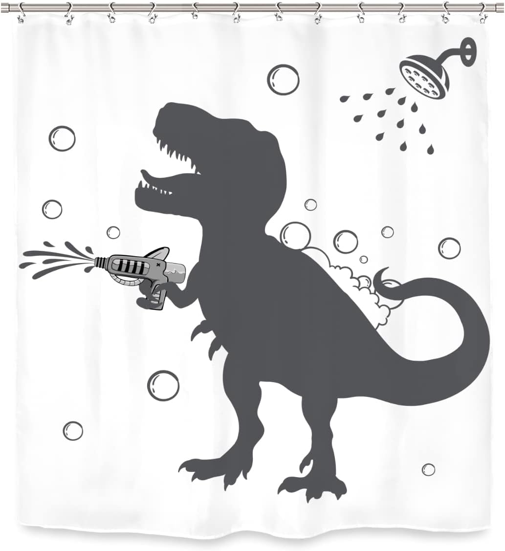 Fun Black and White Dino Silhouette Shower Curtain for Boys and Teenagers Bathroom Decor