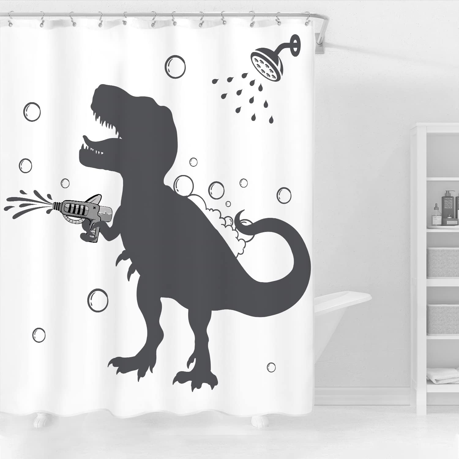 Fun Black and White Dino Silhouette Shower Curtain for Boys and Teenagers Bathroom Decor