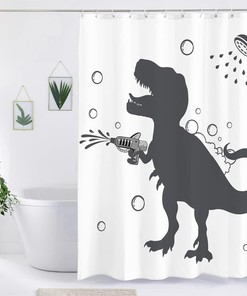 Fun Black and White Dino Silhouette Shower Curtain for Boys and Teenagers Bathroom Decor