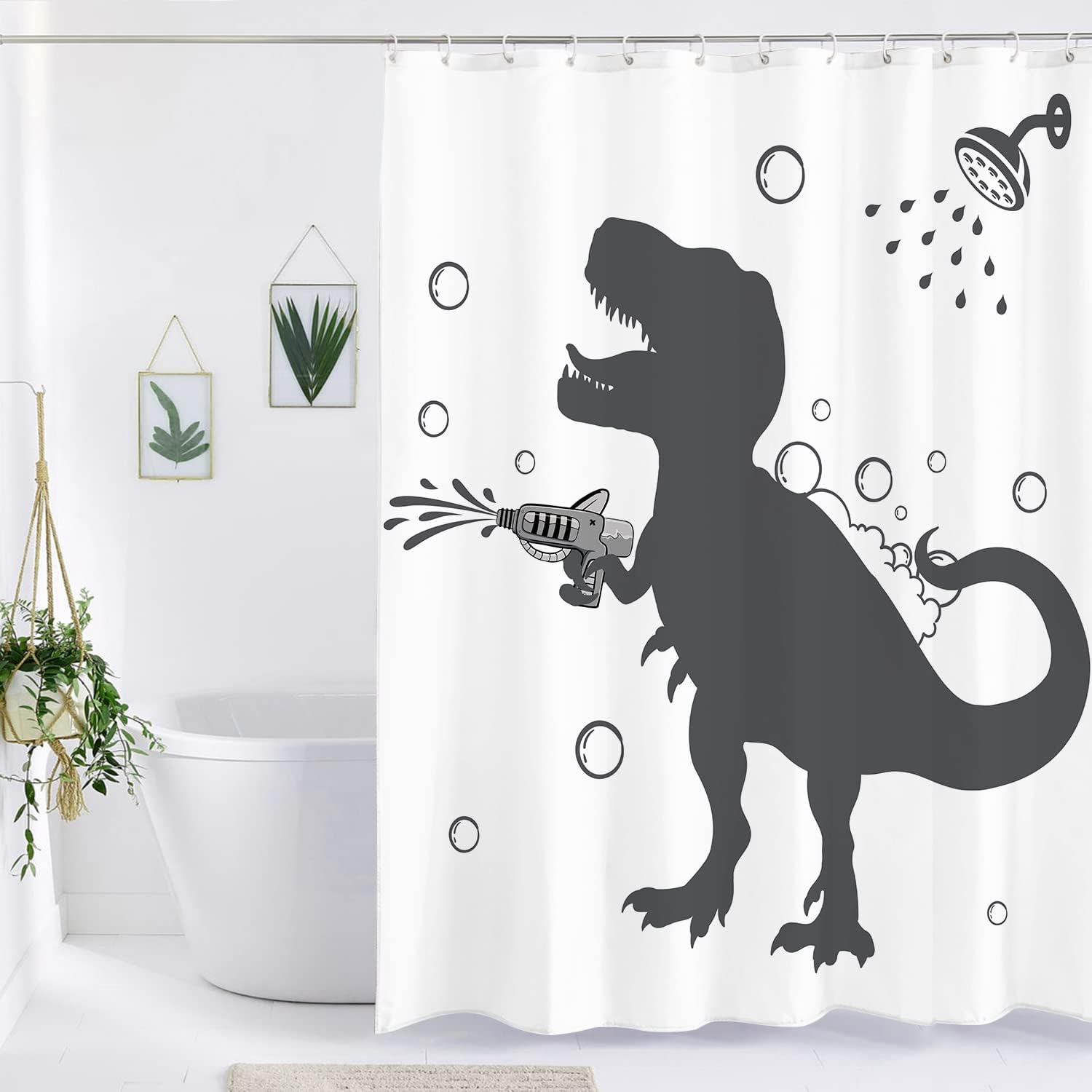 Fun Black and White Dino Silhouette Shower Curtain for Boys and Teenagers Bathroom Decor