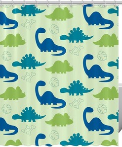 Fun Blue And Green Dinosaur Pattern Shower Curtain For Kids Bathroom Decor