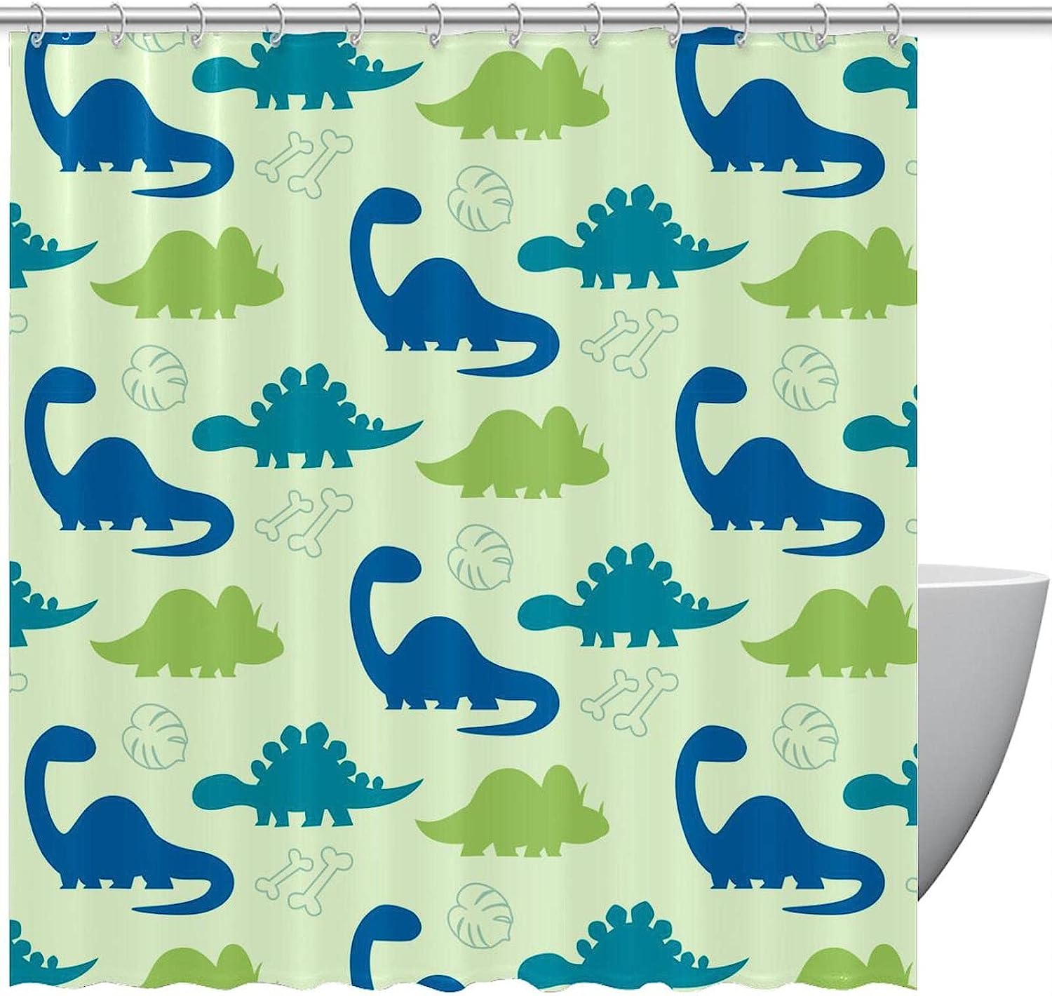 Fun Blue And Green Dinosaur Pattern Shower Curtain For Kids Bathroom Decor