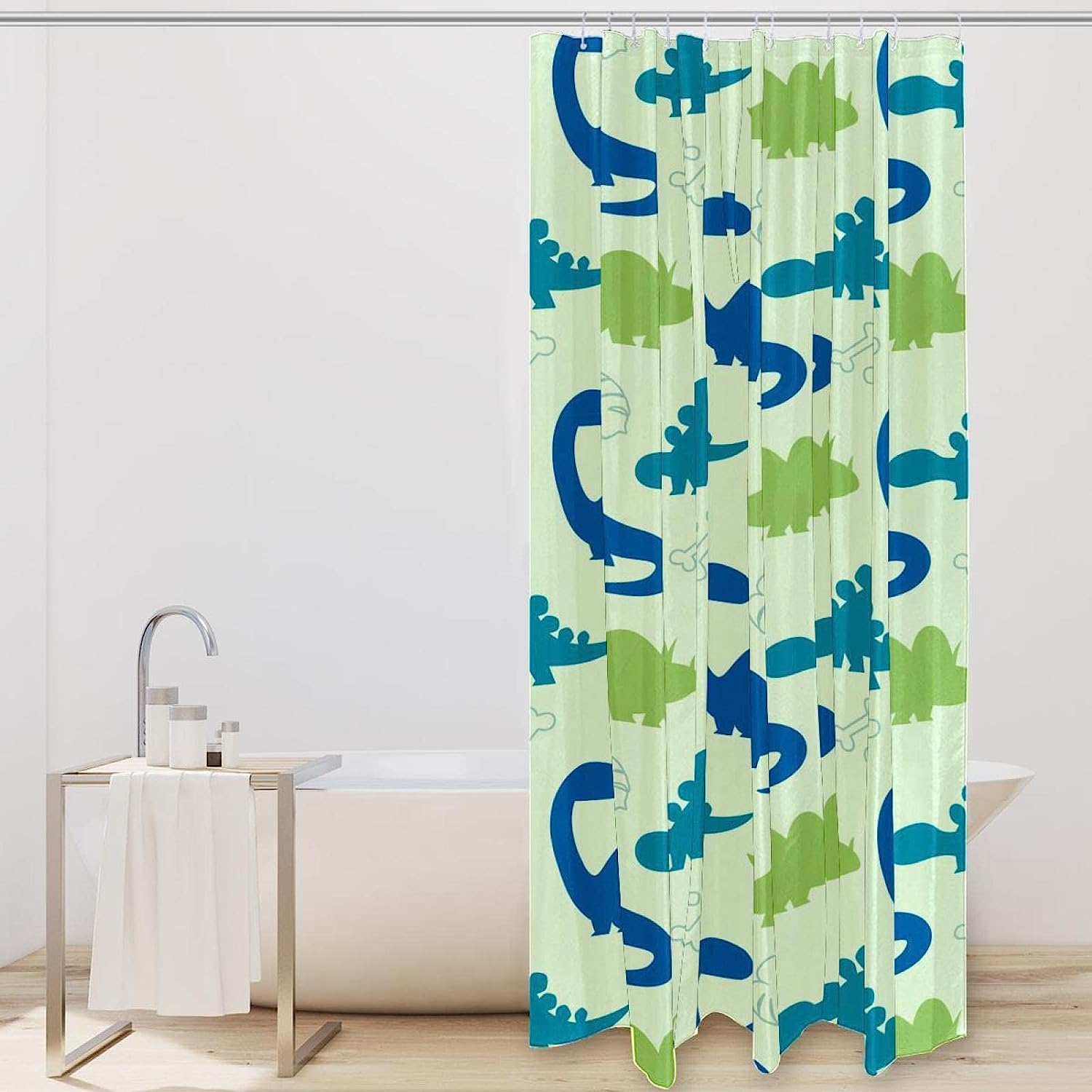 Fun Blue And Green Dinosaur Pattern Shower Curtain For Kids Bathroom Decor - Image 2