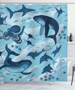 Fun Blue Dolphins, Octopus And Starfish Print Shower Curtain For Bathroom