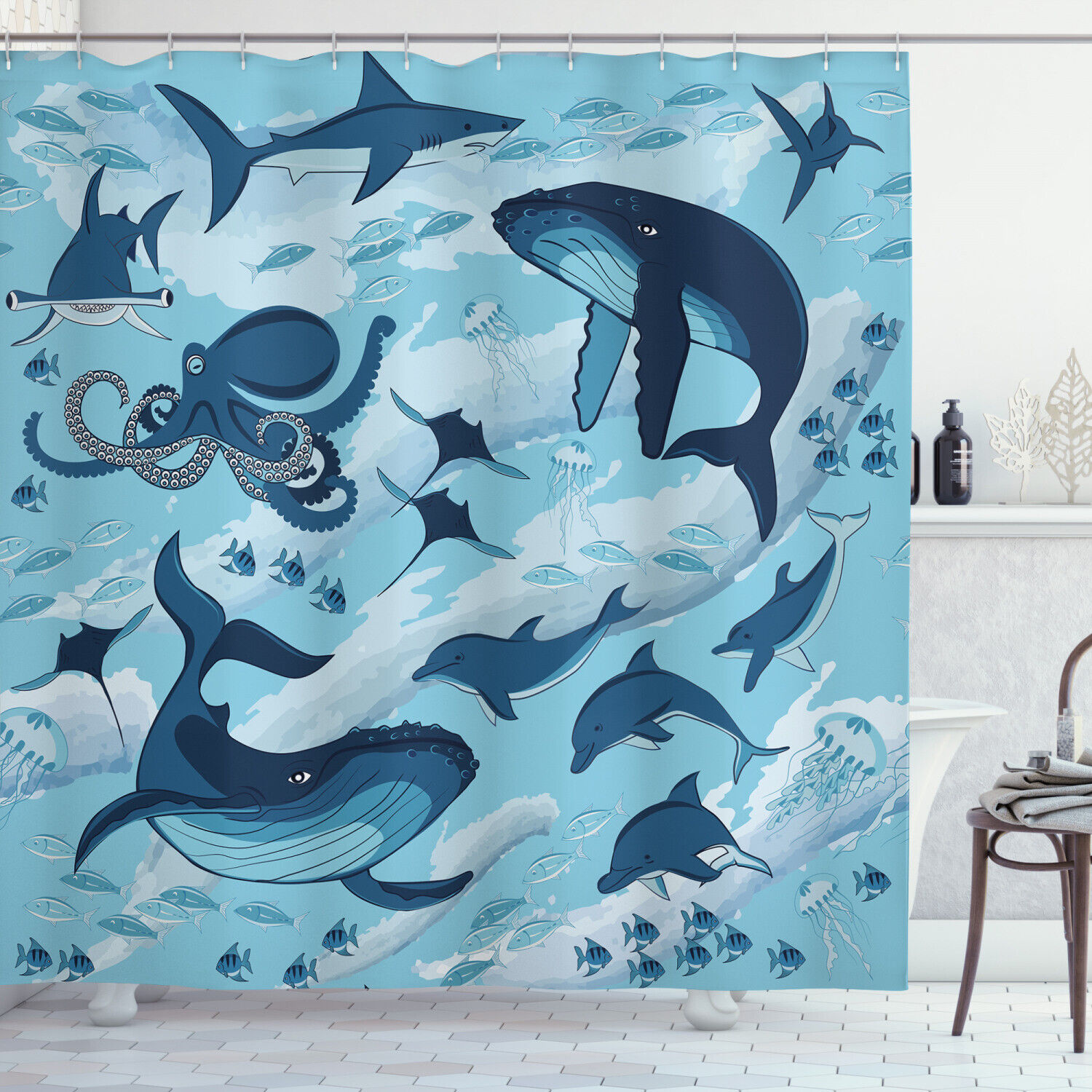 Fun Blue Dolphins, Octopus And Starfish Print Shower Curtain For Bathroom