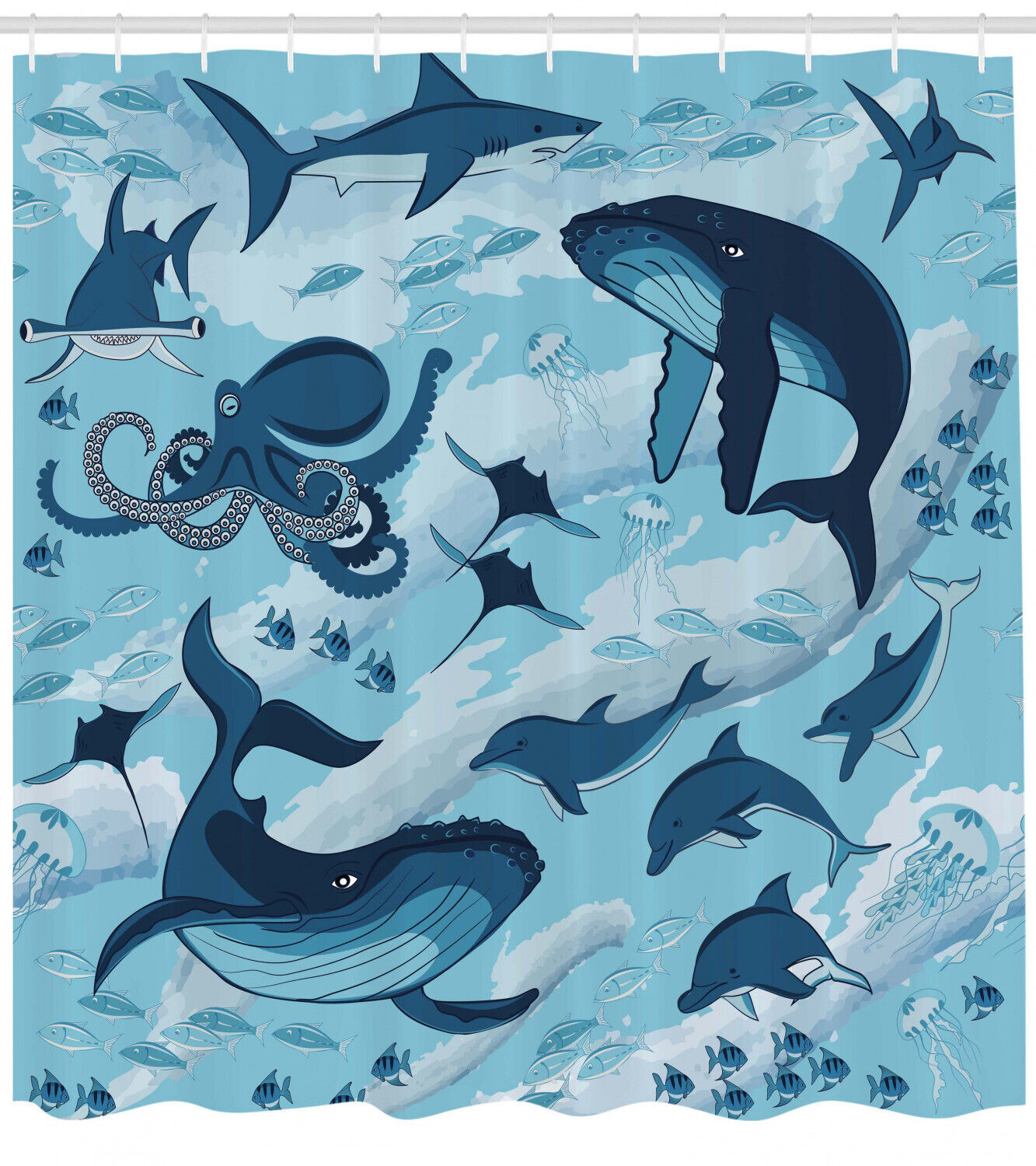 Fun Blue Dolphins, Octopus And Starfish Print Shower Curtain For Bathroom - Image 2