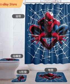 Fun Blue Spiderman Bathroom Shower Curtain Foot Mat Set