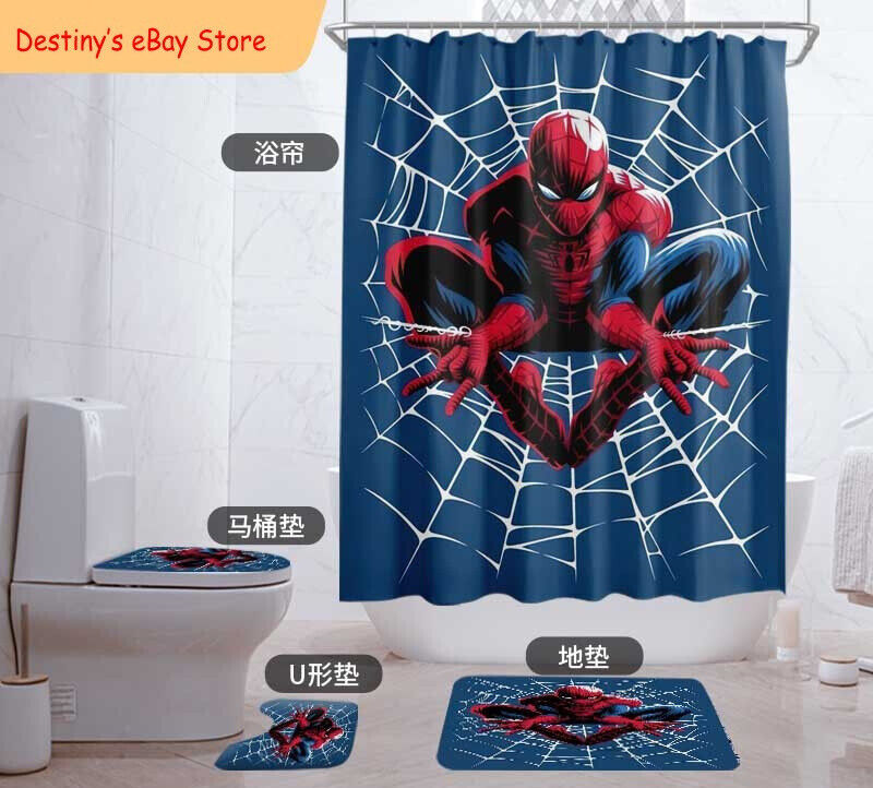 Fun Blue Spiderman Bathroom Shower Curtain Foot Mat Set