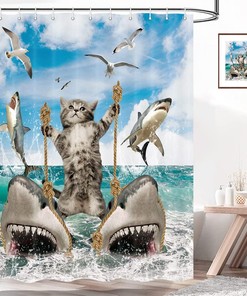 Fun Cat Riding Shark Liner - Ocean Sea With Unique Shower Curtain Colorful Design