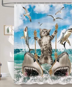 Fun Cat Riding Shark Liner - Ocean Sea With Unique Shower Curtain Colorful Design