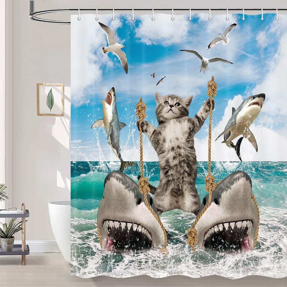 Fun Cat Riding Shark Liner - Ocean Sea With Unique Shower Curtain Colorful Design