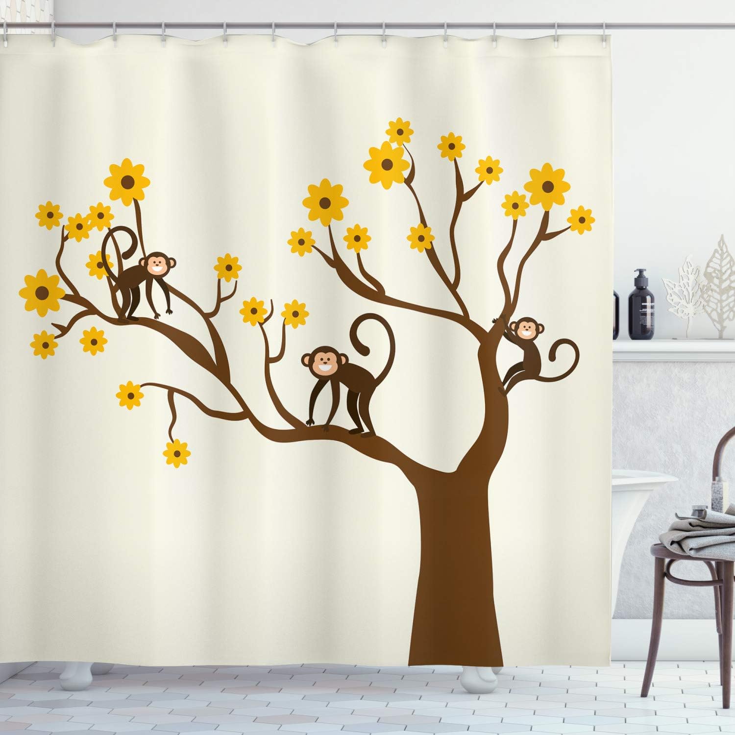 Fun Chimpanzees Climbing On Daisy Trees Animal Life Print Shower Curtain