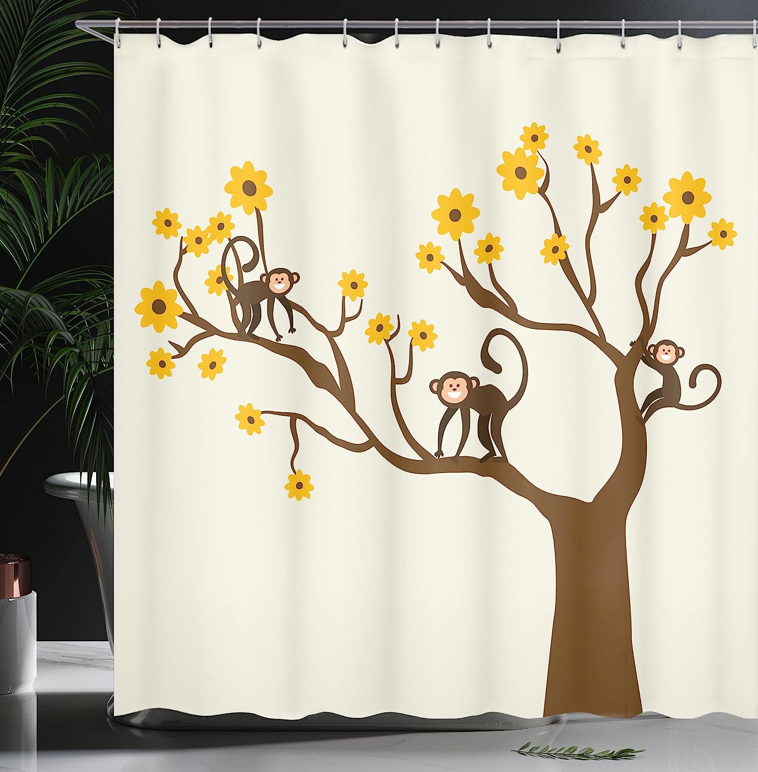 Fun Chimpanzees Climbing On Daisy Trees Animal Life Print Shower Curtain - Image 3