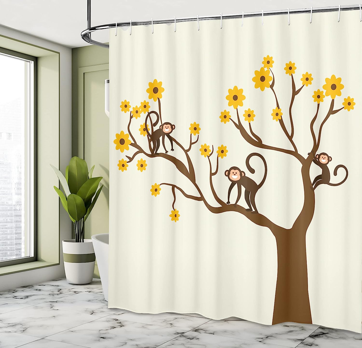 Fun Chimpanzees Climbing On Daisy Trees Animal Life Print Shower Curtain - Image 4