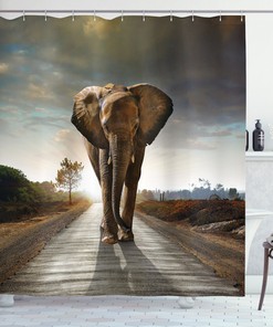 Fun Elephant Shower Curtain With Walking Down A Road Print For Your Bathroom