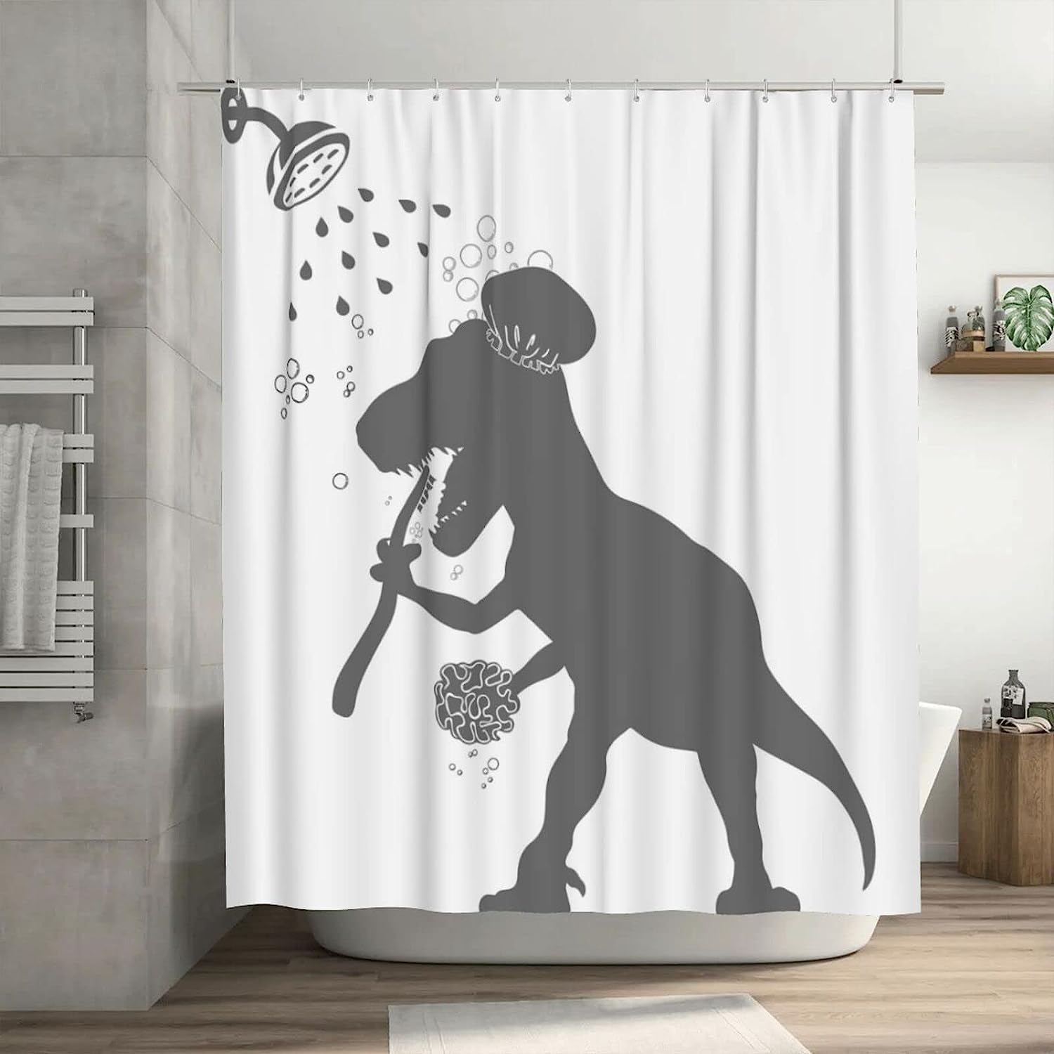 Fun Grey White Toothbrushing Vintage Shower Curtains for Kids Bathroom
