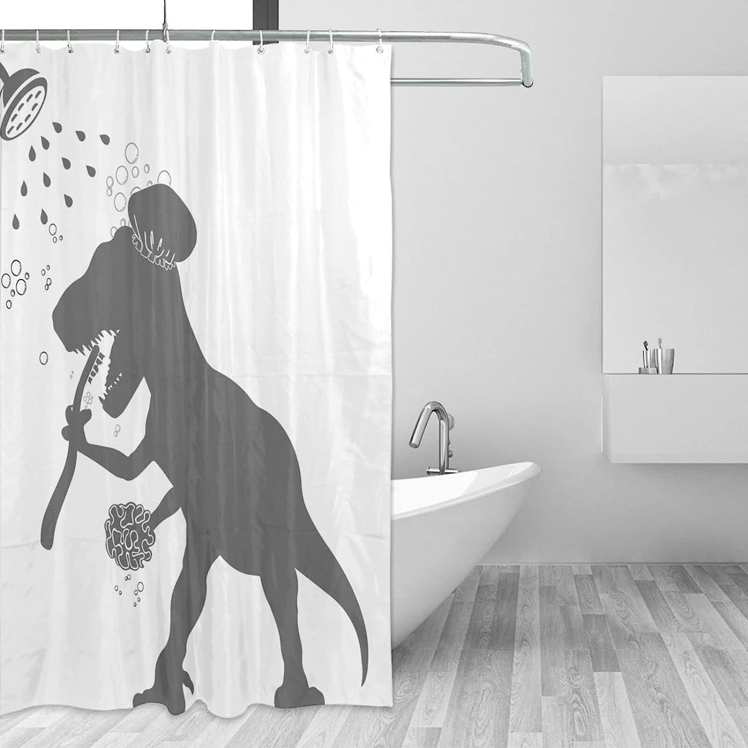Fun Grey White Toothbrushing Vintage Shower Curtains for Kids Bathroom