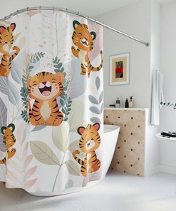 Fun Happy Baby Tigers Shower Curtain, Jungle-Themed Bathroom Decor With Vintage Touch