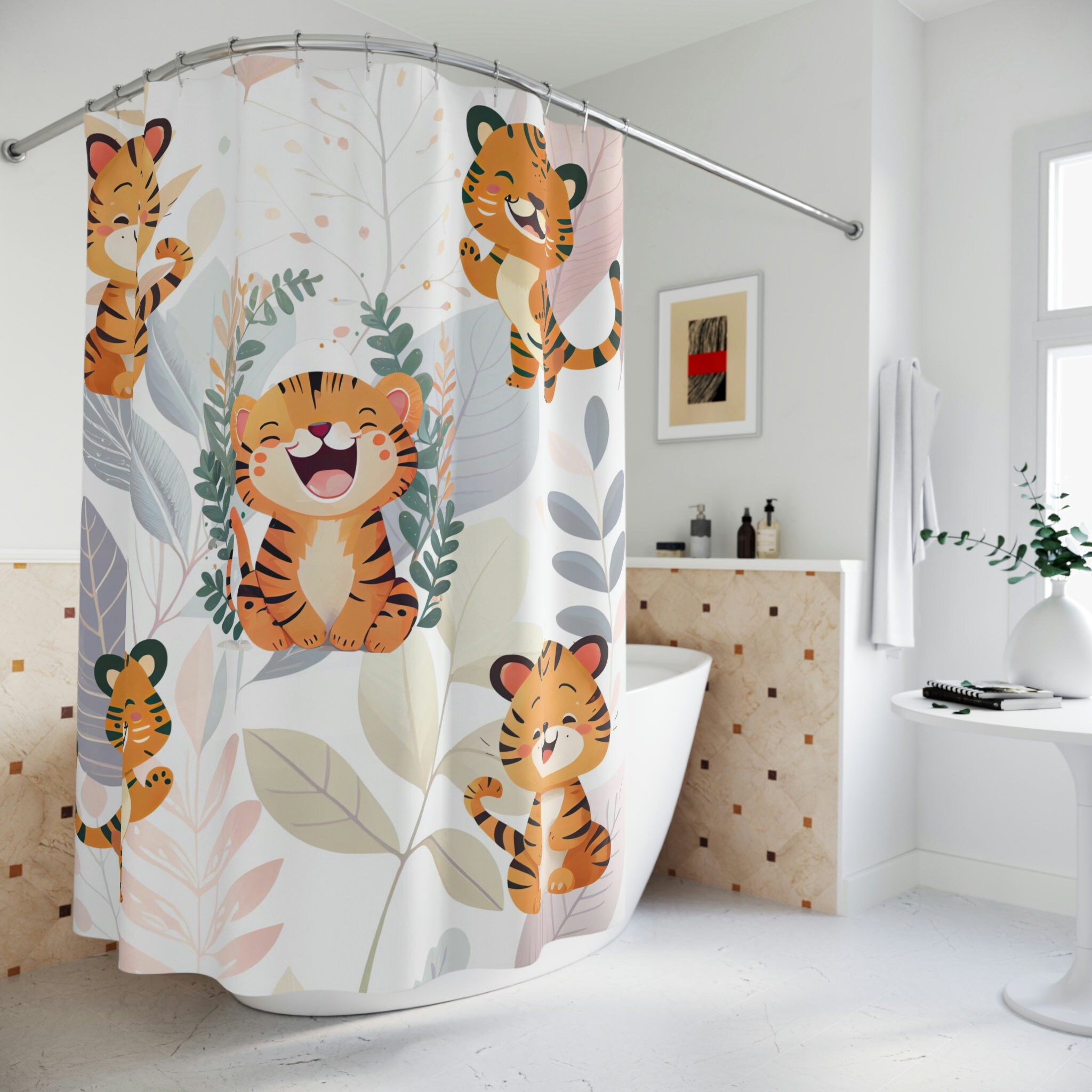 Fun Happy Baby Tigers Shower Curtain, Jungle-Themed Bathroom Decor With Vintage Touch