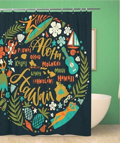 Fun Hawaii Islands Map Shower Curtain with Tourist Attractions - Waterproof Fabric Bathroom Decor 