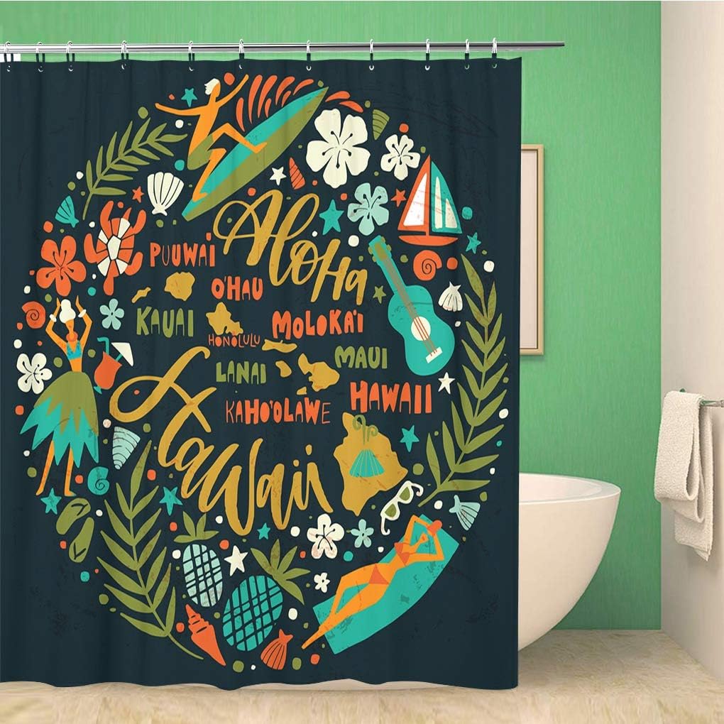 Fun Hawaii Islands Map Shower Curtain with Tourist Attractions - Waterproof Fabric Bathroom Decor