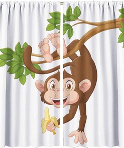 Fun Jungle Animals Cartoon Shower Curtain With Monkey Hanging From Tree And Holding Banana Print For Kids Teen