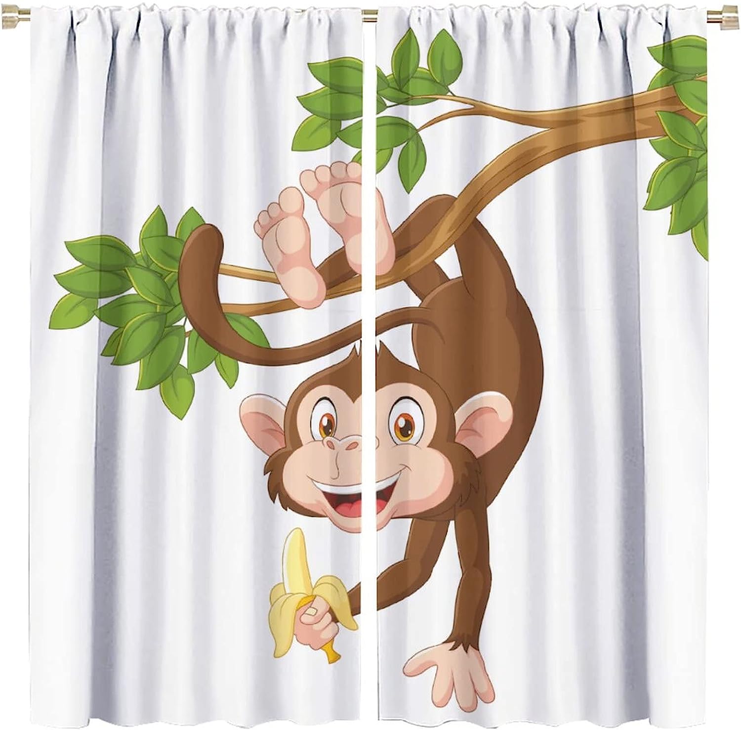 Fun Jungle Animals Cartoon Shower Curtain With Monkey Hanging From Tree And Holding Banana Print For Kids Teen
