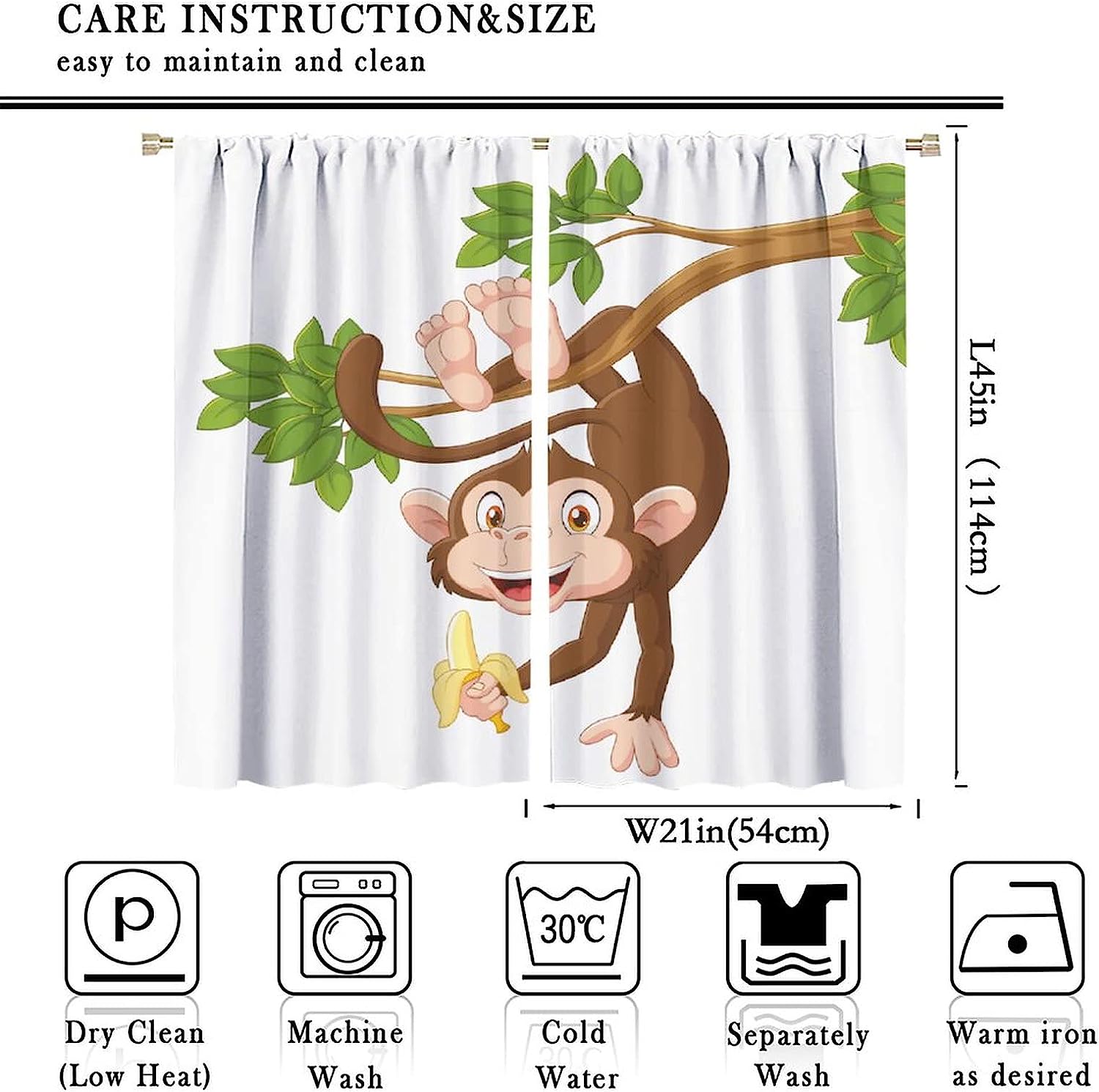 Fun Jungle Animals Cartoon Shower Curtain With Monkey Hanging From Tree And Holding Banana Print For Kids Teen - Image 2