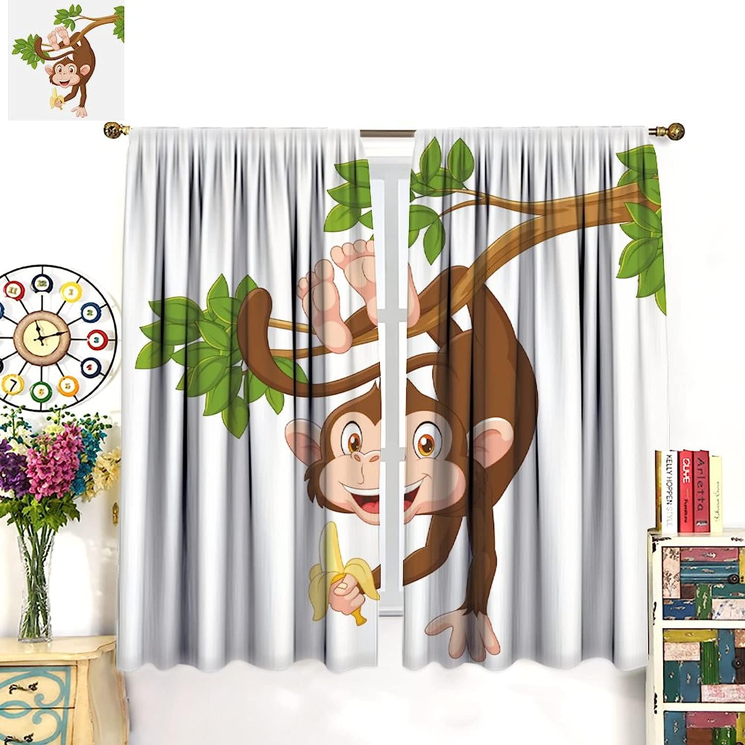Fun Jungle Animals Cartoon Shower Curtain With Monkey Hanging From Tree And Holding Banana Print For Kids Teen - Image 3