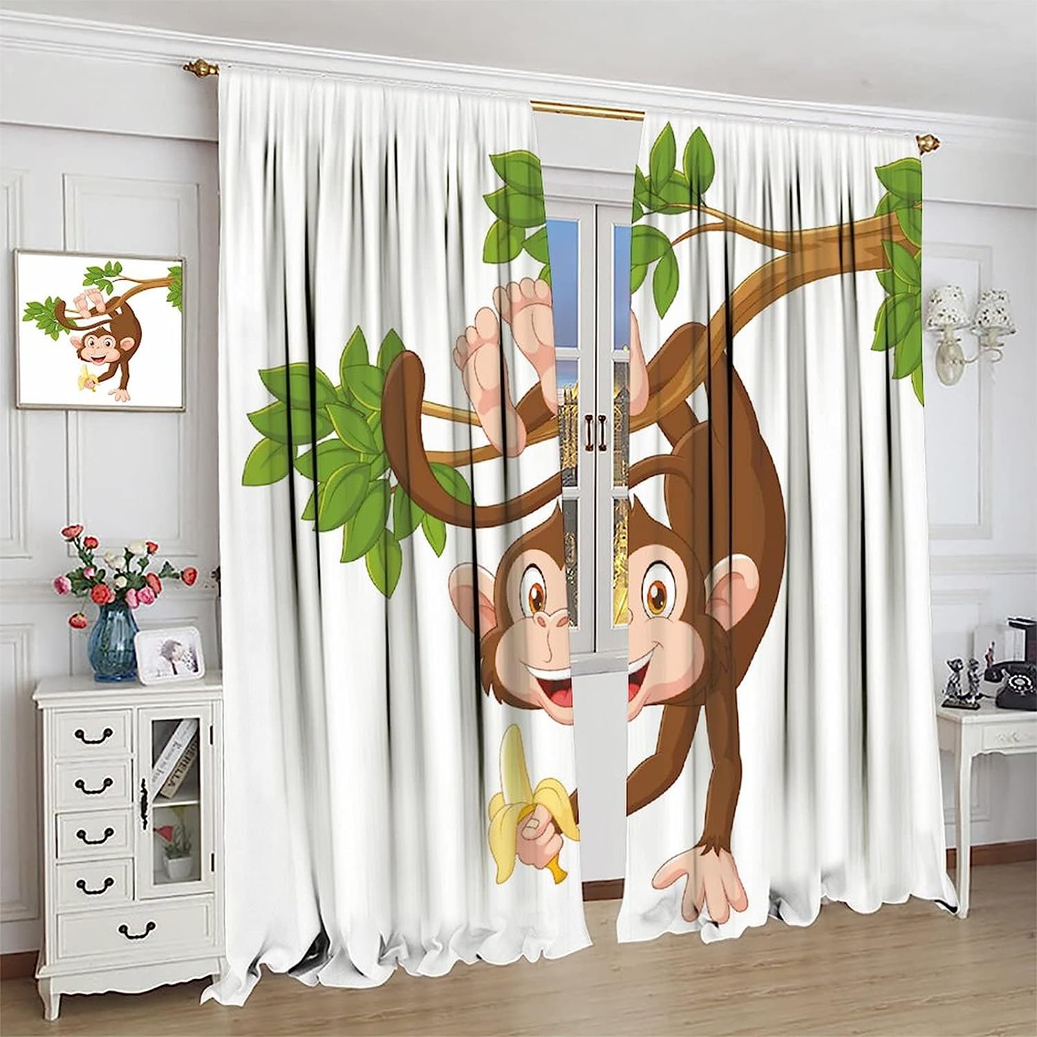 Fun Jungle Animals Cartoon Shower Curtain With Monkey Hanging From Tree And Holding Banana Print For Kids Teen - Image 4