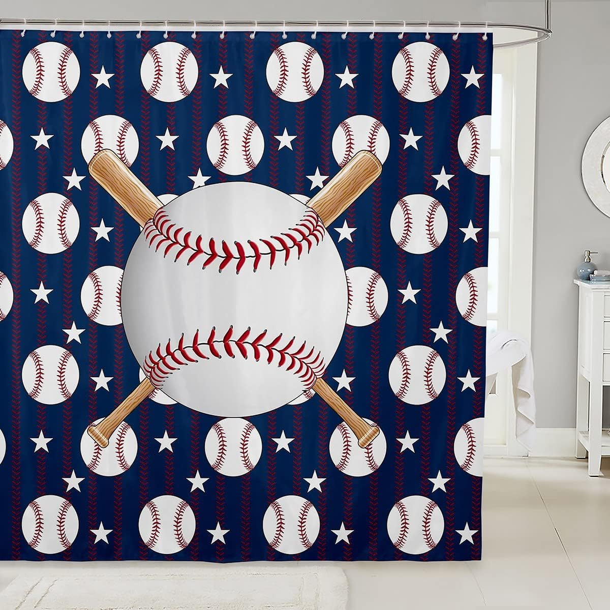 Fun Kids Shower Curtain Featuring Baseball And Bat Theme, Perfect For Your Little Sports Fan