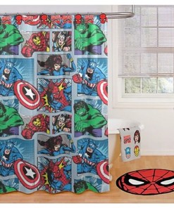Fun Marvel Comic Shower Curtain and Hook Set for Kids Bathroom Spiderman Hulk Iron Man
