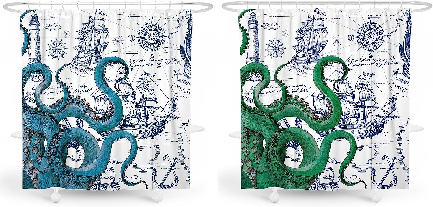 Fun Nautical Octopus Design Shower Curtain With A Vintage Twist