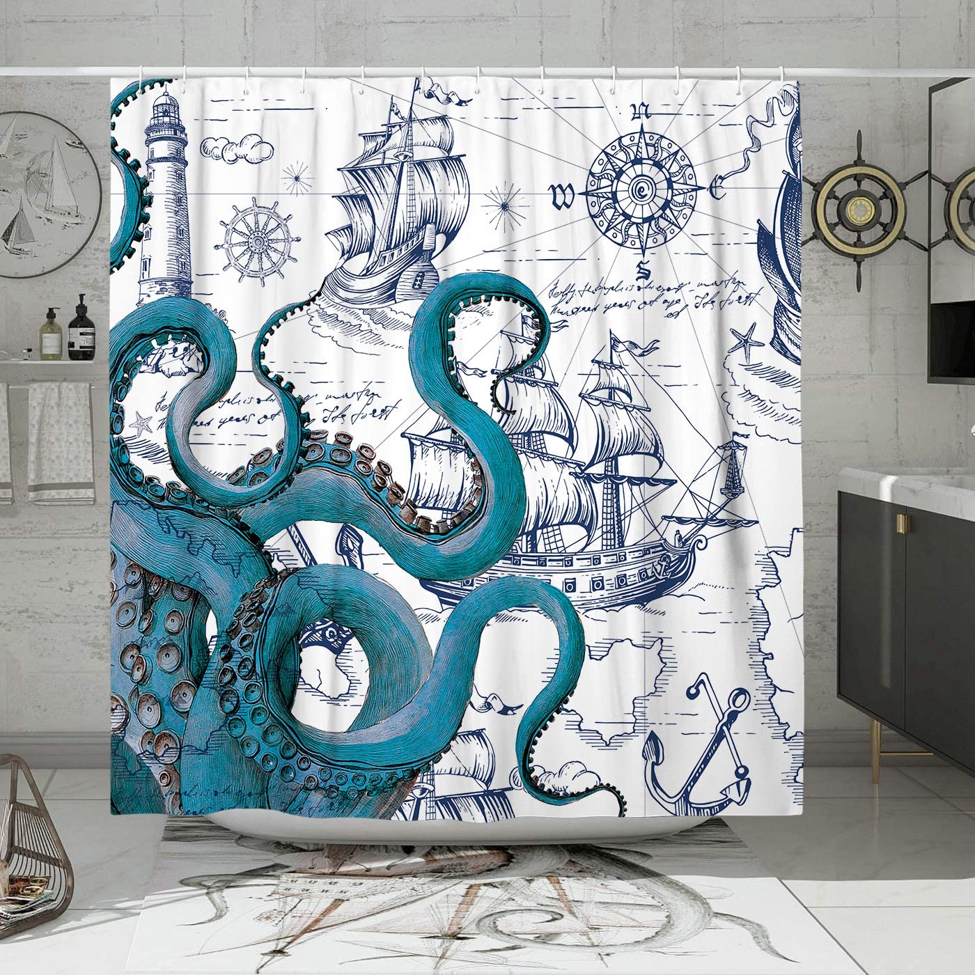 Fun Nautical Octopus Design Shower Curtain With A Vintage Twist - Image 2