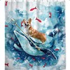 Fun Nautical Whale And Corgi Riding With Blue Shower Curtain, Children Watercolor Cloth Fabric Bathroom Decor