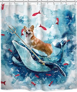 Fun Nautical Whale And Corgi Riding With Blue Shower Curtain, Children Watercolor Cloth Fabric Bathroom Decor