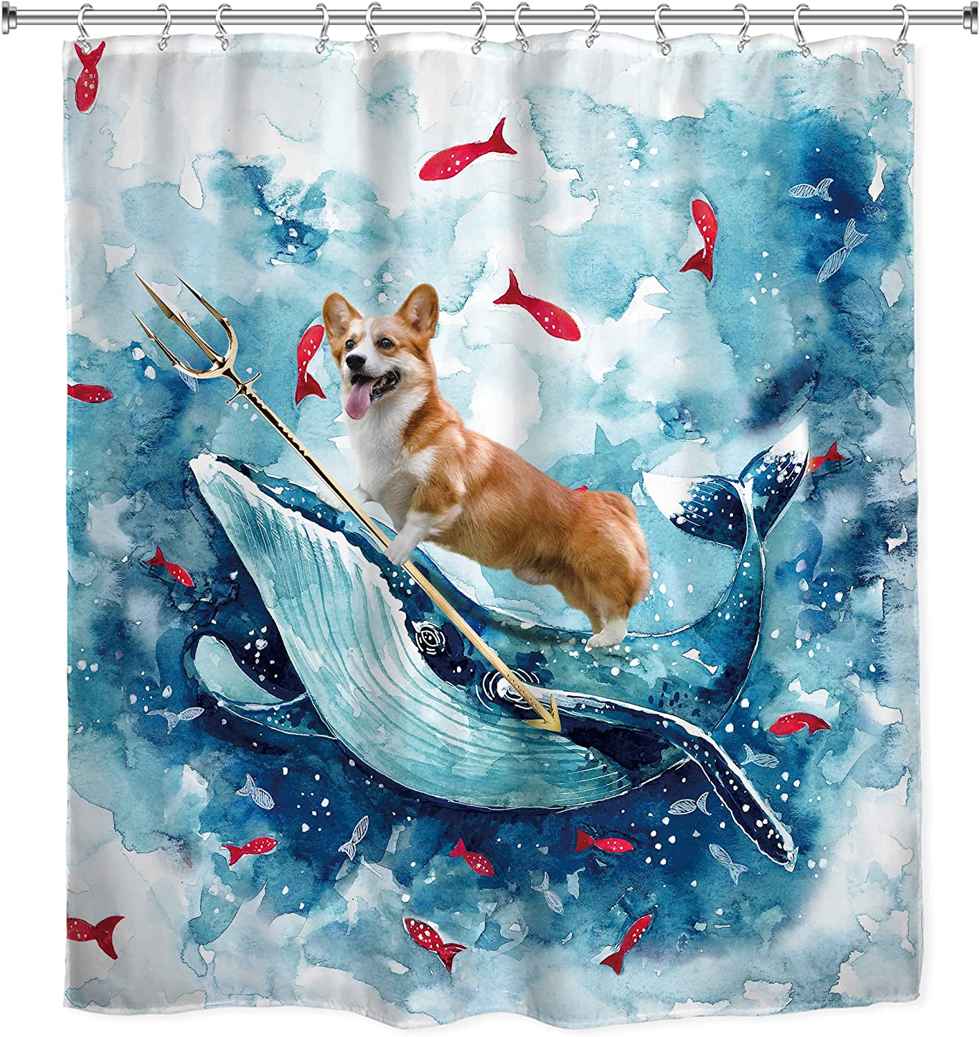 Fun Nautical Whale And Corgi Riding With Blue Shower Curtain, Children Watercolor Cloth Fabric Bathroom Decor