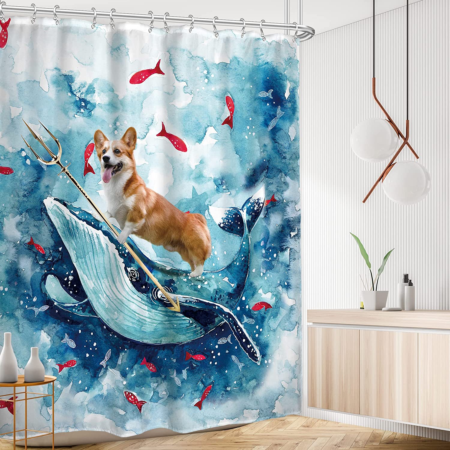 Fun Nautical Whale And Corgi Riding With Blue Shower Curtain, Children Watercolor Cloth Fabric Bathroom Decor - Image 2